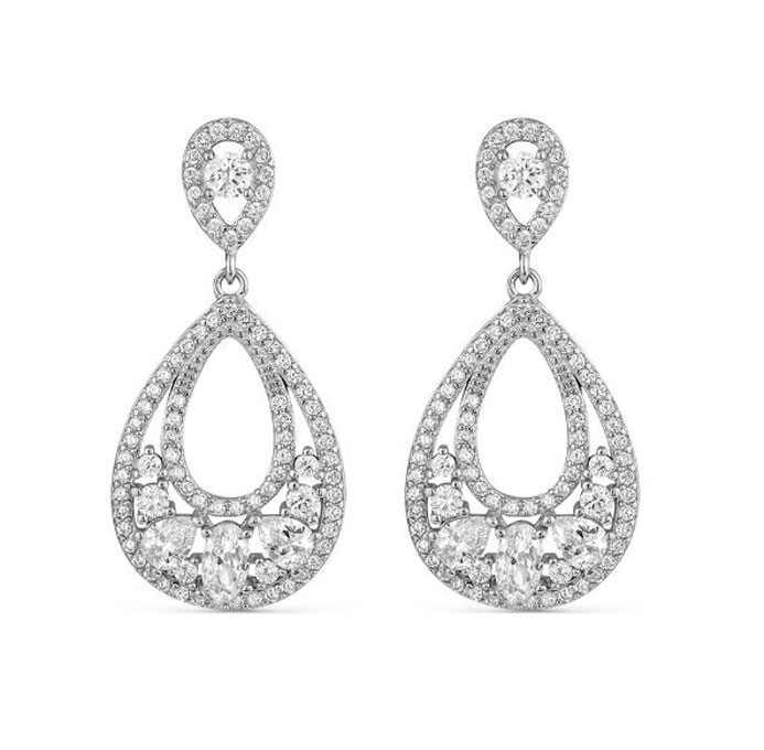 Silver Earrings With Zirconia Rhodium Plated Double Pierced Drop
